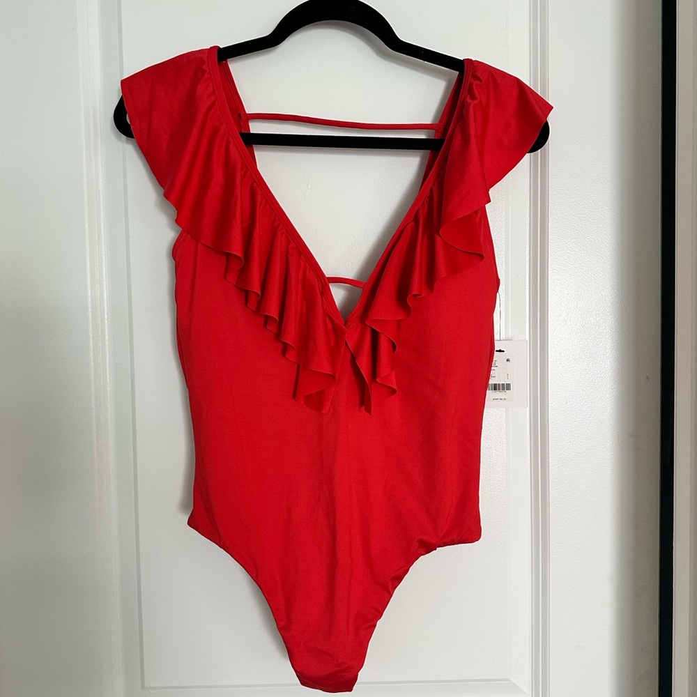 NWT Gibson Latimer Bright Cherry Red Ruffled One Piece Swimsuit